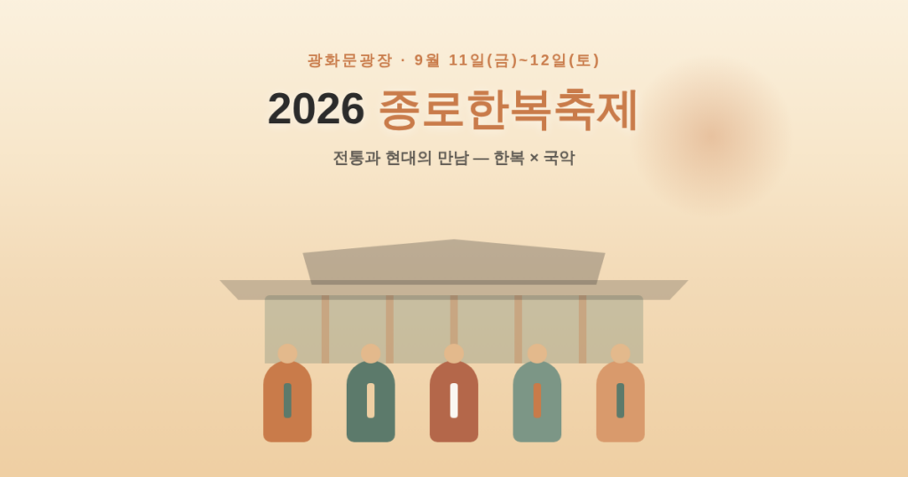 2026 종로한복축제 안내 이미지 — 광화문광장, 9월 11일(금)~12일(토), '전통과 현대의 만남: 한복×국악', 한복을 입은 인물 일러스트와 전통 건축 실루엣