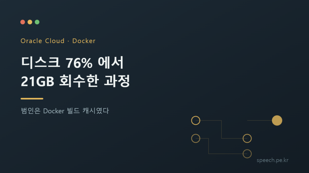 Oracle Cloud · Docker 주제의 글 대표 이미지 - 디스크 76% 에서 21GB 회수한 과정, 범인은 Docker 빌드 캐시였다